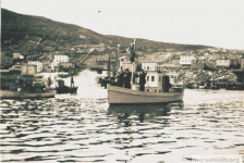 Bishop Skinner, Dr. O'Keefe and Father Fyme aboard the MV Guerney.&amp;nbsp; Red Island harbour, circa 1950.
Photo courtesy of Anita (Delurey) Corcoran