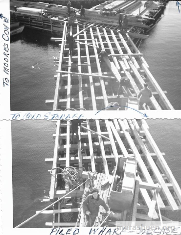 Building the original plant wharf in 1954, Joe Casey on the pile driver.