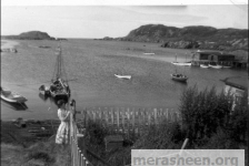 Rosemary (Walsh) Tobin playing with her cat in September 1961.&amp;nbsp; The schooner is most likely Eric Bolt's "Winnie and Eric". In the distance is the entrance to Big Merasheen harbour with the bait store on the left.&amp;nbsp; To the right are the Best fishing premises.