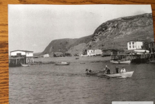 Tom Ennis, Joe, Ron Pitcher Sr, Carl returning to the harbour with Billy and Gerry who were out past the Fish Rock in Jimmy Barrett's dory 1963