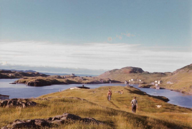 02 on a fine warm September day, circa 1972. Skipper Dick Ennis had dropped us out for the Labour Day weekend. Roy Tuck (grey tshirt), Donald Pittman (sun burned back), Loyola Pomroy, Gabe Pomroy, Willie Wilson sitting on ground brushing off the flies, and Billy's dog running all out towards the Big Back Cove. Credit: Ernie Walsh