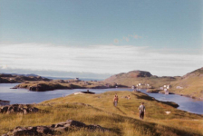 02 on a fine warm September day, circa 1972. Skipper Dick Ennis had dropped us out for the Labour Day weekend. Roy Tuck (grey tshirt), Donald Pittman (sun burned back), Loyola Pomroy, Gabe Pomroy, Willie Wilson sitting on ground brushing off the flies, and Billy's dog running all out towards the Big Back Cove. Credit: Ernie Walsh